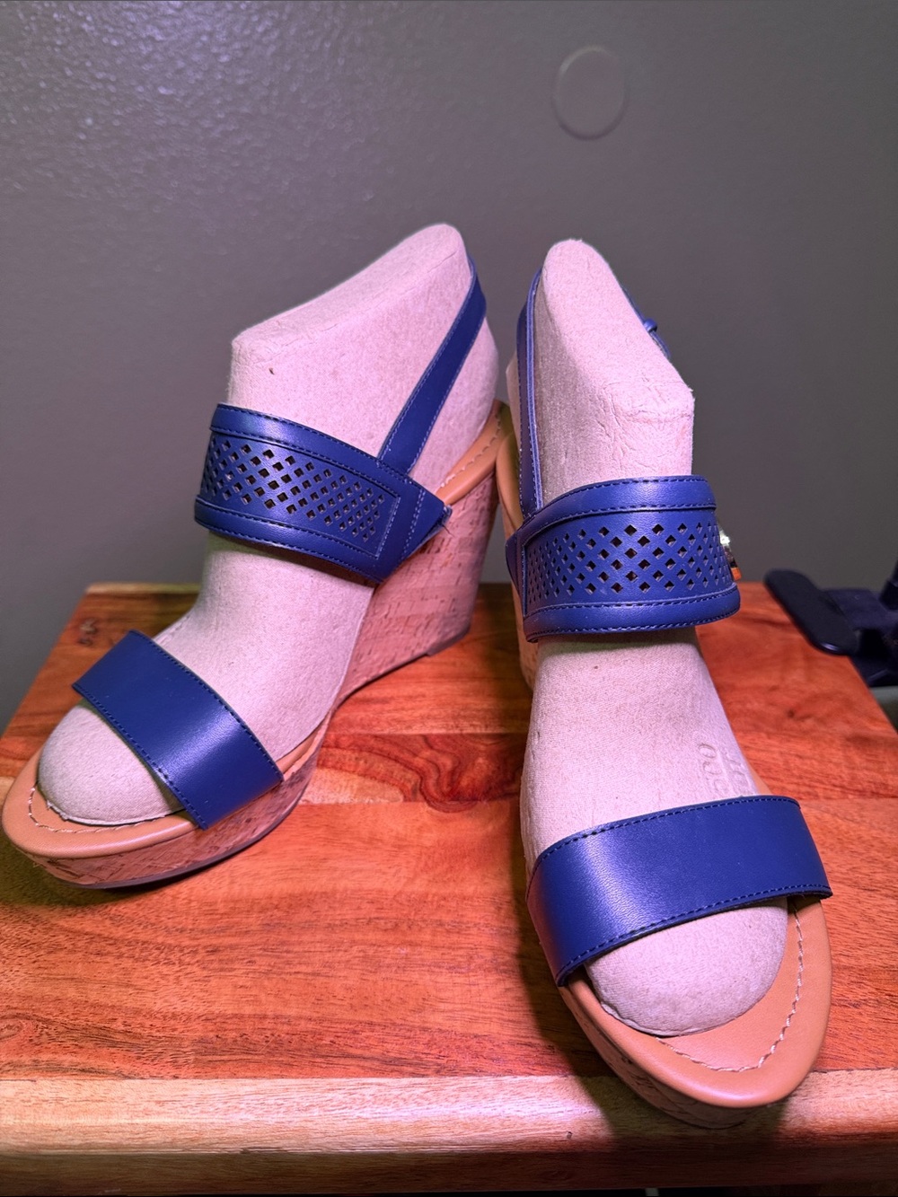 Tommy Hilfiger Blue Perforated Strap Cork Wedge Sandals
